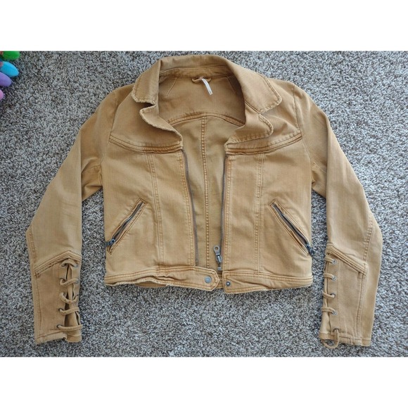 FREE PEOPLE Vintage Distressed Jacket Jean Jacket Lace Up Sleeves size M NWOT - Picture 2 of 13